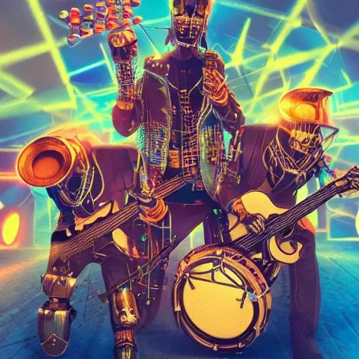 Image similar to album art, rockband with 3 steampunk robots playing guitar and drums, the letters robos rock, 8 k, flourescent colors, halluzinogenic, multicolored, insanely integrate, front shot, 3 d render, octane