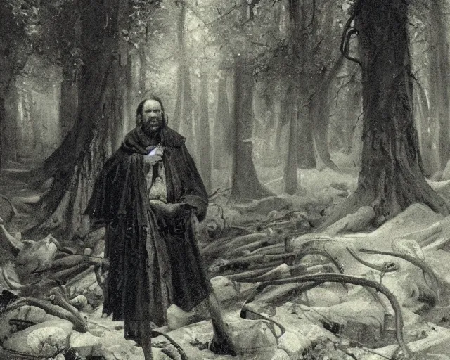 Prompt: portrait of a lovecraftian cultist next to an occult altar in a forest by andreas achenbach