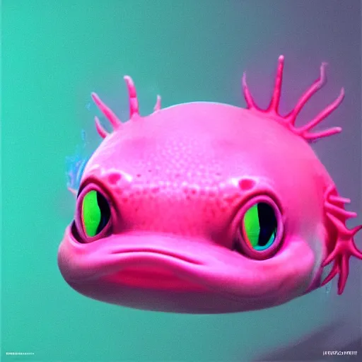 Prompt: neon pink axolotl with cute round face in a bucket, green background, award winning art, trending on artstation, digital art, painting, matte painting, hyper realistic, realism, photography, unreal engine 5, video game