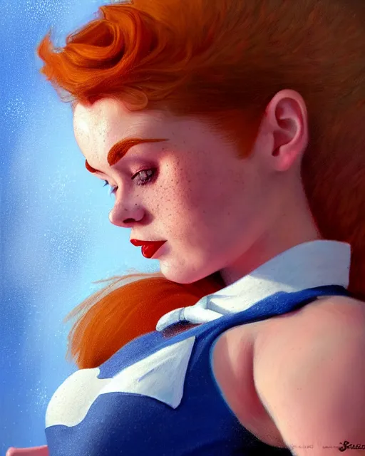 Prompt: muscular female 1 9 5 0 s diner waitress, perfect face, red bow, blue checkerboard dress, ginger hair, cinematic, freckles, stunning, athletic, strong, agile, highly detailed, psychedelic, digital painting, artstation, smooth, hard focus, illustration, art by jessica rossier and and brian froud