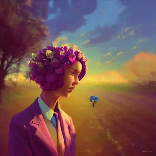 Image similar to closeup, giant rose flower head, frontal, girl in a suit, surreal photography, sunrise, blue sky, dramatic light, impressionist painting, digital painting, artstation, simon stalenhag