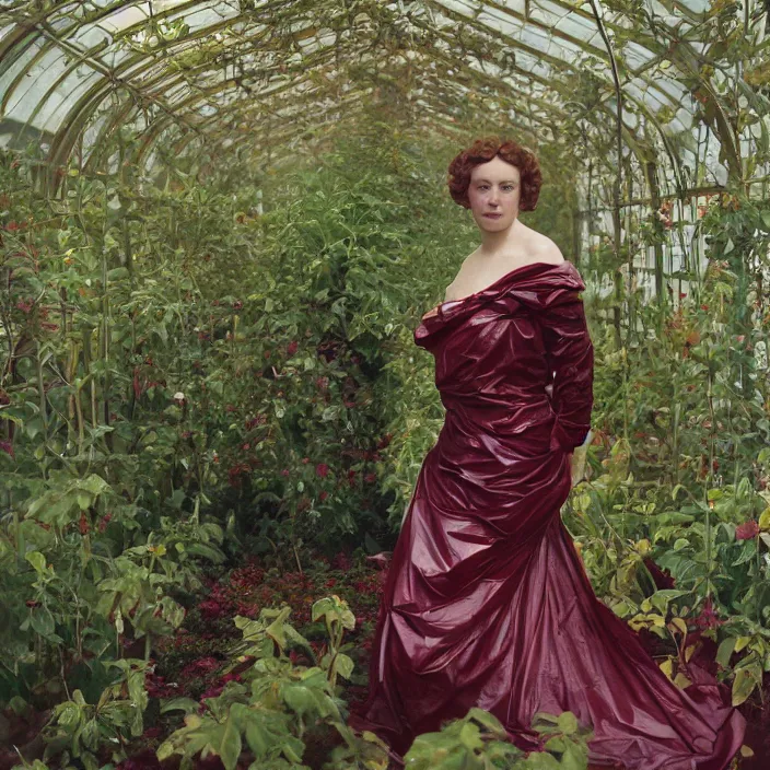 Image similar to closeup portrait of a woman wrapped in burgundy cellophane, standing in an overgrown greenhouse, color photograph, by john singer sargent, canon eos c 3 0 0, ƒ 1. 8, 3 5 mm, 8 k, medium - format print