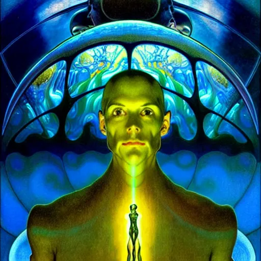 Image similar to realistic extremely detailed portrait painting of a glowing male silhouette, futuristic sci-fi landscape on background by Jean Delville, Amano, Yves Tanguy, Alphonse Mucha, Ernst Haeckel, Edward Robert Hughes, Roger Dean, rich moody colours, blue eyes