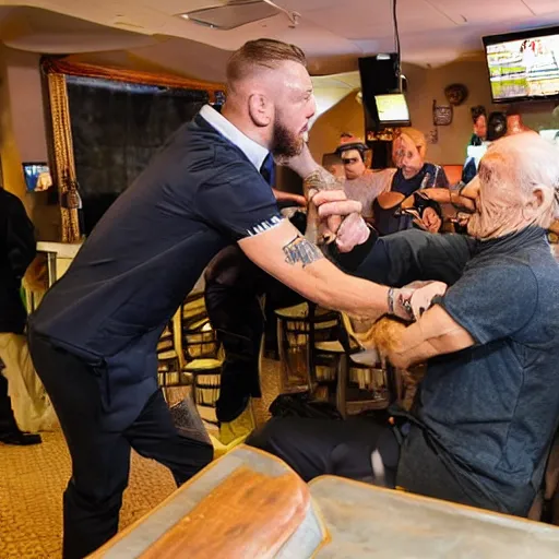 Image similar to Conor McGregor slapping a frail elderly man inside a bar