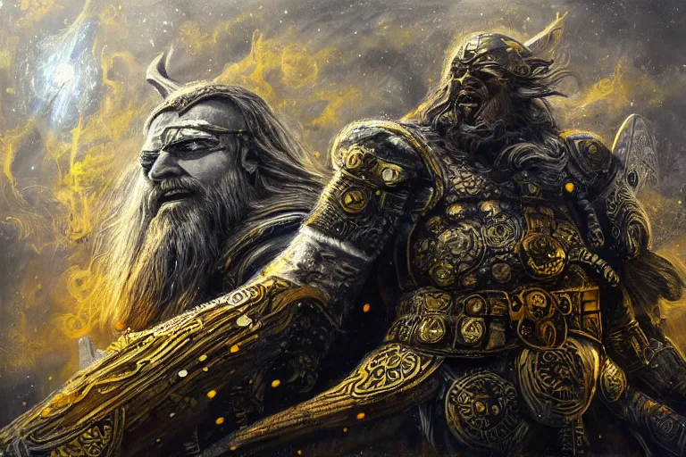 Image similar to mythological high-tech viking odin all father Shaman of artificial intelligence creating an artificial neural network, deep learning creation, with yellow synapses on an anvil, high resolution, award winning art, trending on art station, sharp image, incredibly detailed, detailed character realistic painting