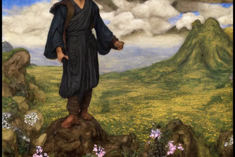 Image similar to a half - dragon warrior, standing in a volcano landscape, natural lighting, a small circle of flowers around him, very detailed, 8 k, by dante gabriel rossetti, artgerm