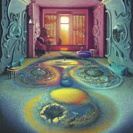 Image similar to colourful scene from a dream. digital artwork by vincent bons, michael whelan, remedios varo and gerardo dottori. grainy and rough. interesting pastel colour palette. beautiful light. oil and water colour based on high quality render.