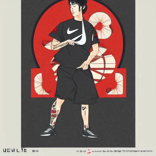 Prompt: a man wearing clothes designed by nike, large nike logo in the style ukiyo - e, radiant light, detailed and intricate environment, 4 k, trending on art station, beautiful