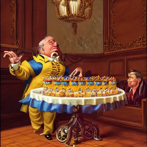 Image similar to lawyer eating a big birthday cake in a courtroom, realistic, regal, refined, detailed digital art, michael cheval, walt disney ( 1 9 3 7 ), francois boucher, oil painting, steampunk, highly detailed, cinematic lighting, unreal engine, 8 k