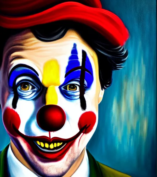 Image similar to justin trudeau as a clown, oil on canvas, deep depth field, masterpiece, cinematic composition, hyper - detailed, hd, hdr