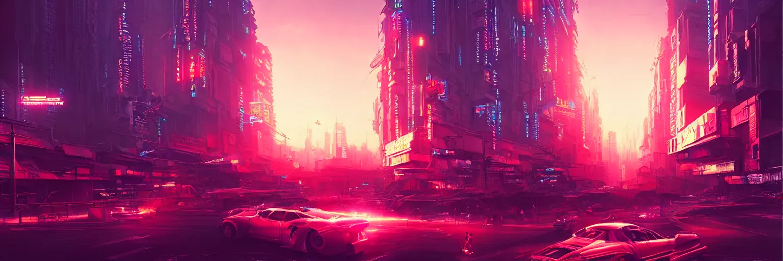 Image similar to cinematic photography of a cyberpunk desserted city during sunset, flare back lighting, cyber led neon, bokeh, rule of thirds, hyper photorealistic, crispy quality, digital photography, art by artgerm, art by greg rutkowski, art by pascal blanche,