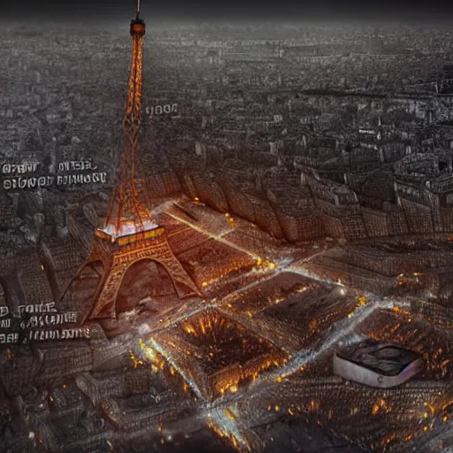 Image similar to A beautiful intricate 8K award-winning ground-level cinematic movie photograph of the future rusting rubble of the fallen and decimated Eiffel Tower, lying in pieces on the ground, surrounded by neon and collapsing corporate video billboard displays. in the year 2050, by Bruno Delbonnel and greg rutkowski. octane render, Arri Alexa 65. Cinematic lighting