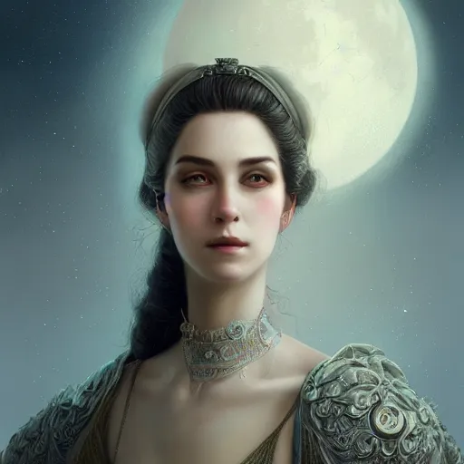 Image similar to a beautiful digital painting of a princess, princess, the moon behind her, intricate, cinematic lighting, highly detailed, digital painting, concept art, smooth, sharp focus, illustration, art by tom bagshaw, artgerm and greg rutkowski - 2 0 k