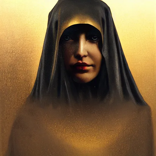 Image similar to a portrait of a young woman wearing a long dark cloak, hood and shadows covering face, holding golden chains, oil painting, matte painting, black background, Volumetric Golden dappled dynamic lighting, Highly Detailed, Cinematic Lighting, Unreal Engine, 8k, HD, by Beksinski