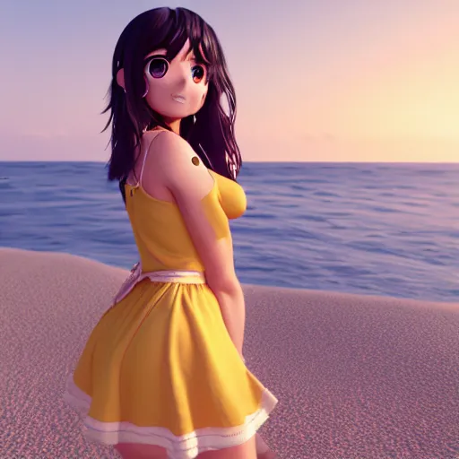 Image similar to Render of a very beautiful 3d anime girl, long hair, hazel eyes, cute freckles, full round face, short smile, cute sundress, golden hour, serene beach setting, medium shot, mid-shot, highly detailed, trending on Artstation, Unreal Engine 4k