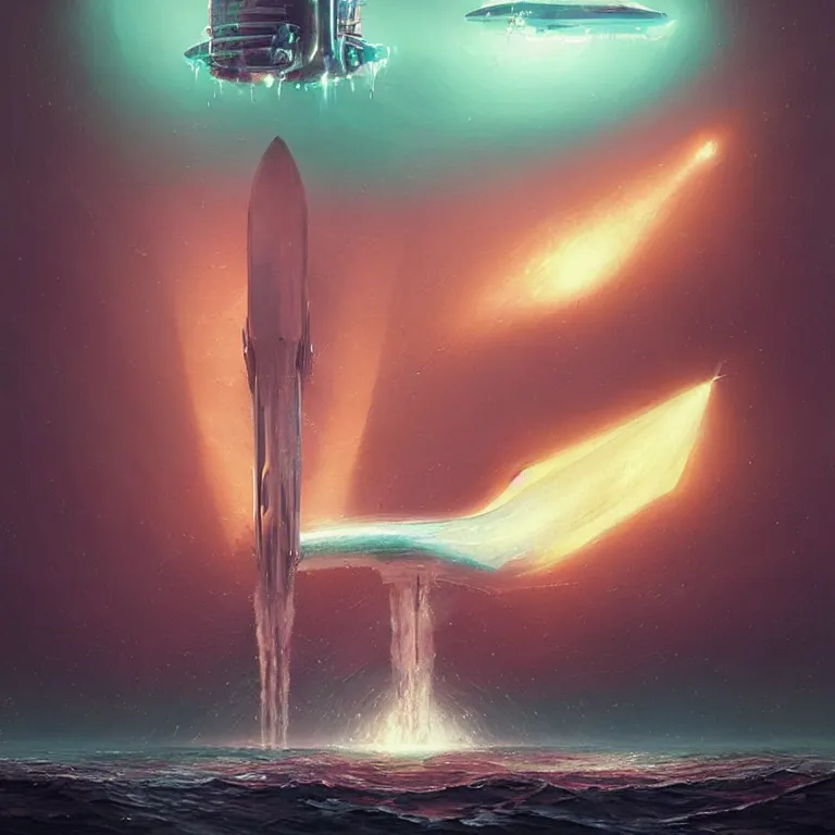 Prompt: gigantic mechanical spaceship called the nautilus dripping wet emerging from a the ocean, launching to space, big booster rocket engines, sci - fi concept art, by john harris, by simon stalenhag, stunning, award winning