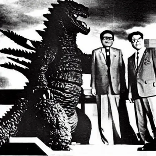 Image similar to rare vintage footage of Godzilla, overshadowing Kim Jong-il, obscured underexposed view