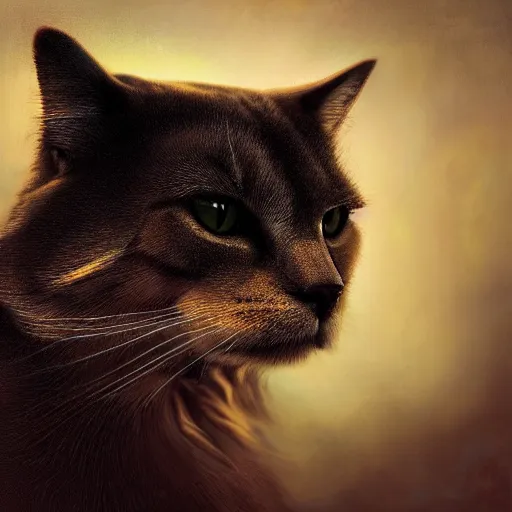 Image similar to majestic gracious regal cat portrait, mysterious atmospheric lighting, elysian fields, painted, intricate, volumetric lighting, beautiful, rich deep colours masterpiece, golden hour, golden ratio, sharp focus, ultra detailed, by leesha hannigan, ross tran, thierry doizon, kai carpenter, ignacio fernandez rios