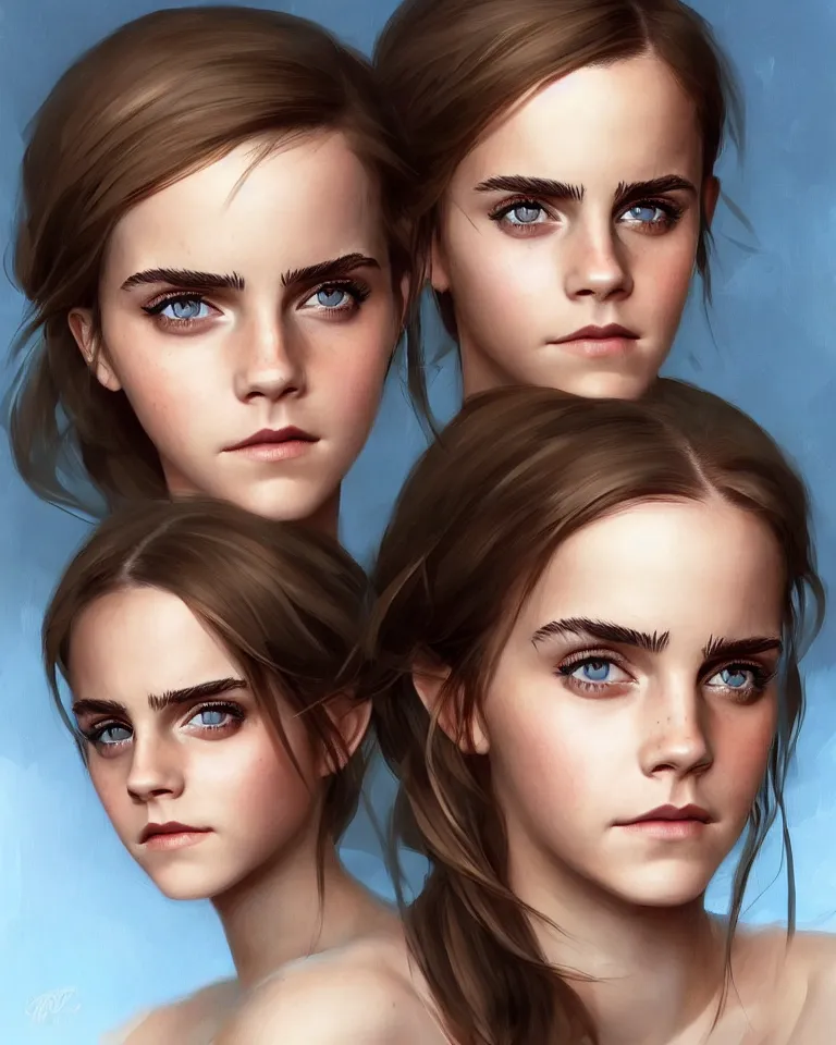 Image similar to emma watson with big eyes, beautiful eyes, blue eyes, green eyes, lovely eyes, red eyes, glowing eyes, by artgerm and greg rutkowski