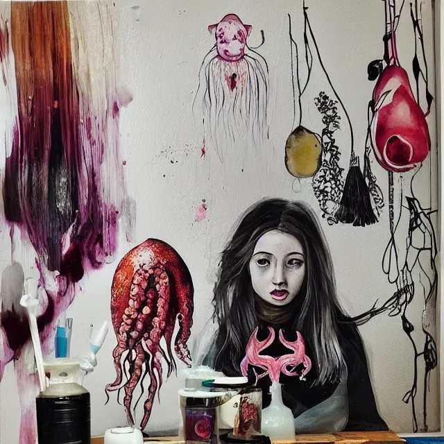 Image similar to “ a portrait in a female art student ’ s apartment, sensual, a pig theme, art supplies, surgical iv bag, octopus, ikebana, herbs, a candle dripping white wax, black walls, squashed berries, berry juice drips, acrylic and spray paint and oilstick on canvas, surrealism, neoexpressionism ”