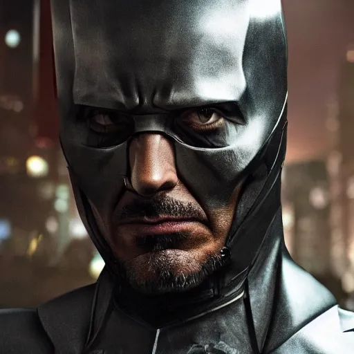 Prompt: robert downey jr in batman suit, portrait hd, still from justice league 4 k