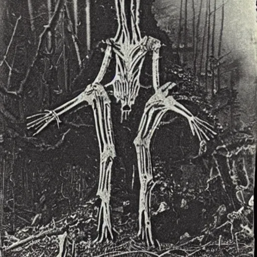 Image similar to 1860 photo of an ancient fractal 8 leg demon on an abandoned factory on the middle of a forest, spooky