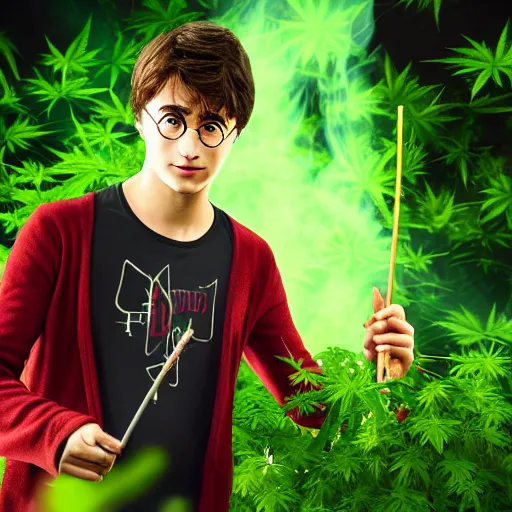 Prompt: harry potter holding a joint as his wand and smoking weed and surrounded by green dense weed kush plants, smoke in front, smoke behind, smoke background, red eyes, smoking weed, hyper detailed, cinematic lighting, studio quality, smooth render,