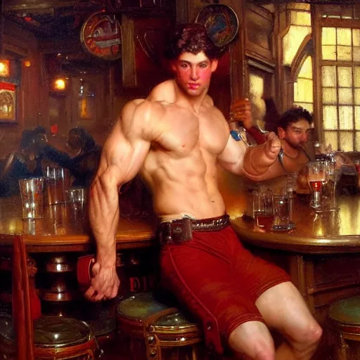 Image similar to attractive muscular mike wearing pants with dark red hair with muscular attractive tyler with brunet hair, wearing pants drinking their hearts out, in a pub. very defined and highly detailed painting by gaston bussiere, j. c. leyendecker, craig mullins 8 k