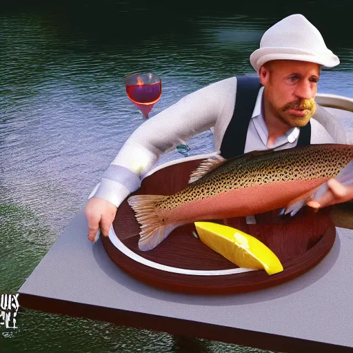 Prompt: a middle aged lawyer eating a trout, hyperrealistic, 4k, unreal engine