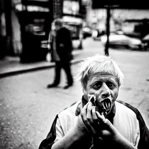 Prompt: Boris Johnson eating a brain, morbid, evil, dark photography, realistic, candid street portrait in the style of Rehahn award winning, Sony a7R,