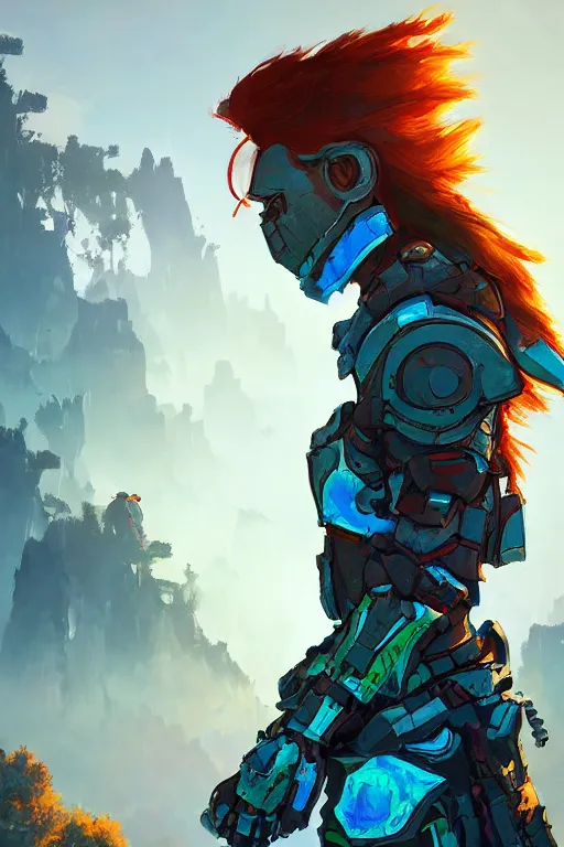 Image similar to combination suit armor aloy horizon forbidden west horizon zero dawn radiating a glowing aura global illumination ray tracing hdr fanart arstation by ian pesty and alena aenami artworks in 4 k tribal robot ninja mask helmet backpack