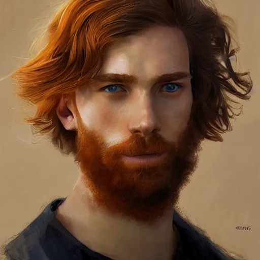 Image similar to 2 4 - year - old man, masculine face, square jaw, ginger hair, dark blue eyes, hyper realistic face, beautiful eyes, highly detailed, digital painting, smooth, sharp, beautiful face, expressive eyes, long fluffy wavy ginger hair, art by greg rutkowski and alex gray