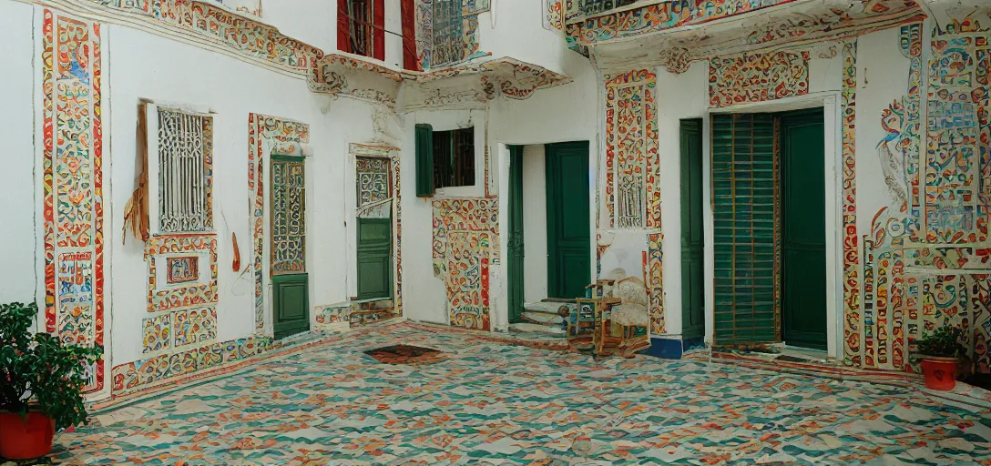 Image similar to colonial house in greece with multicolored portuguese tiles. photographed by wes anderson. fujinon premista 1 9 - 4 5 mm t 2. 9. portra 8 0 0.