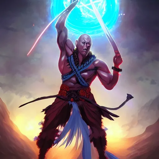 Prompt: anime portrait of the rock as a shaman yedi using dark force to eliminate trump as an anime antagonist by Stanley Artgerm Lau, WLOP, Rossdraws, James Jean, Andrei Riabovitchev, Marc Simonetti, and Sakimichan, trending on artstation