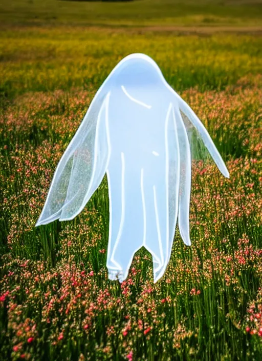 Image similar to photo of a highly detailed transparent ghost figure made of cloth and smoke stands in a field of flowers