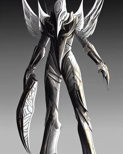 Image similar to tall, fighter wearing white dove wings, warframe armor, regal, attractive, ornate, sultry, scifi platform, 4 k, ultra realistic, epic lighting, illuminated, cinematic, black gold, art by akihito tsukushi, voidstar