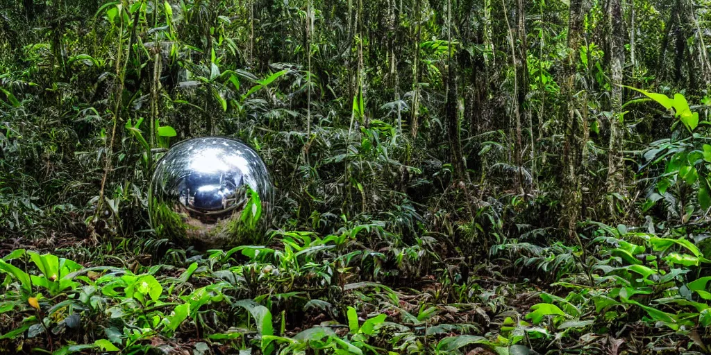 Image similar to photo of a chrome blob deep in the amazon jungle, wide shot