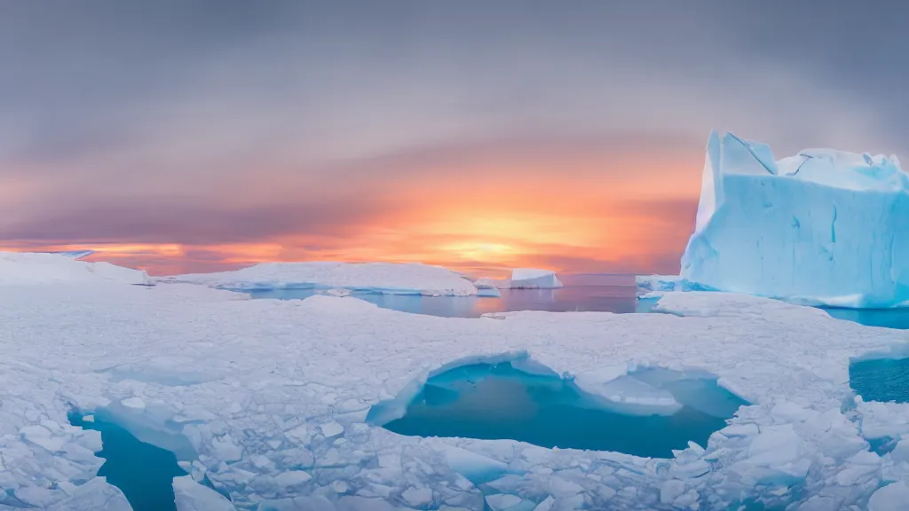 Image similar to photo of the most beautiful panoramic landscape, where a giant iceberg is lost in middle of the artic ocean, a giant penguin is exhaling steam while walking over the iceberg, there is nothing else, the artic ocean is reflecting the giant penguin over the iceberg and the ray lights of the sunset are brightening him, award winning photo, minimal style,