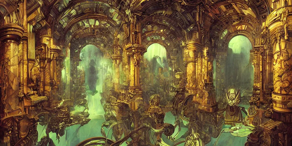 Prompt: baroque neoclassicist sci - fi colorful chrome marble halls of creation. iridescent textures. glowing fog, black background. highly detailed fantasy science fiction painting by moebius, norman rockwell, frank frazetta, and syd mead. rich colors, high contrast