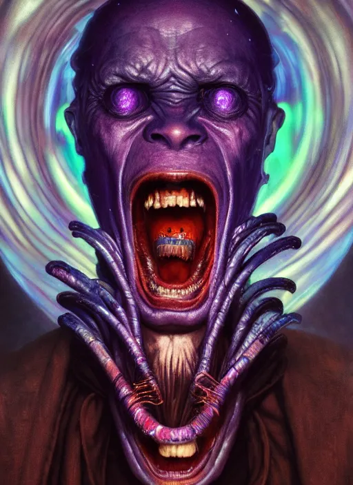 Prompt: masterpiece portrait of an screaming alien priest, surrounded by chromatic liquid swirls, psychedelic, dramatic lighting, h. r. giger, greg rutkowski, alphonse mucha, artgerm, donato giancola, tom bagshaw, trending on cgsociety, octane render, 8 k