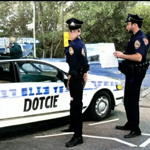 Image similar to movie still getting a parking ticket from alien police officer