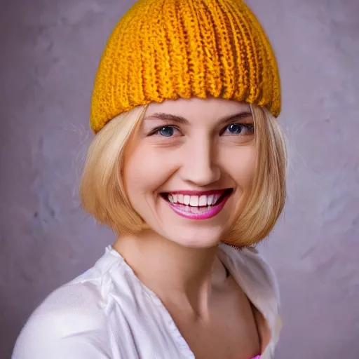 Image similar to very pretty portrait of a smiling 2 5 - year - old woman with 9 0 degree nails, medium yellow blond hair, character with an orange hat, hair comes out of the hat a little