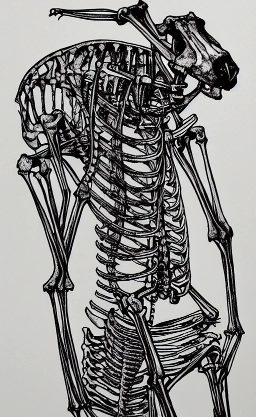 Prompt: a very cool concert t-shirt design of a kangaroo skeleton, highly detailed, line drawing, screen print