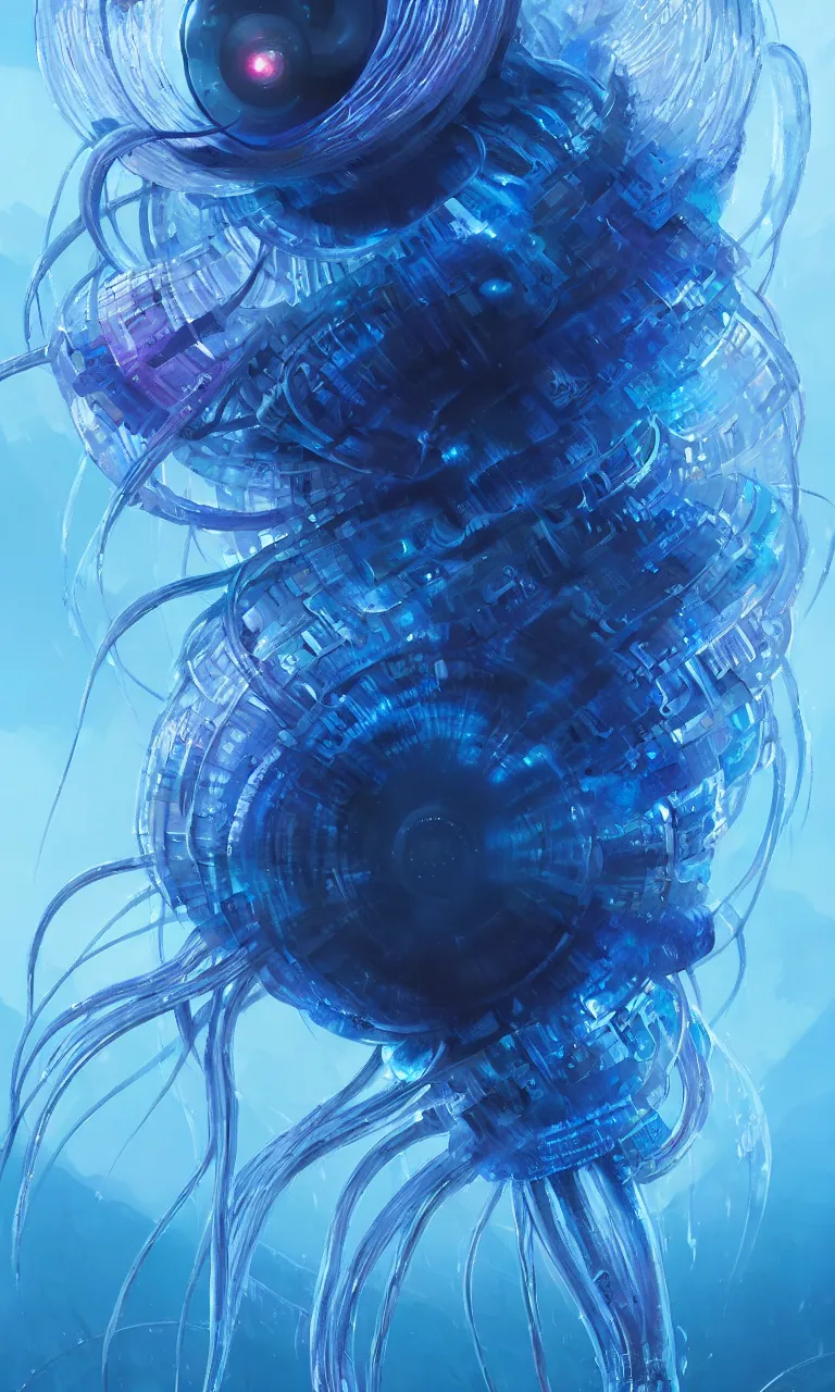 Prompt: Panorama hyper detailed painting of a cyberpunk jellyfish, blue tones, underwater, 8 mm, highly detailed, digital painting, artstation, concept art, smooth, sharp focus, illustration, art by artgerm and greg rutkowski and alphonse mucha