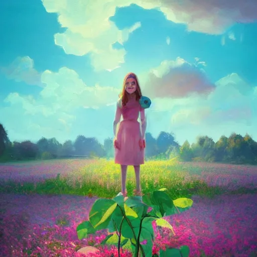 Image similar to rose face, girl floating in a flower field, surreal photography, sunrise dramatic light, impressionist painting, colorful clouds, digital painting, artstation, simon stalenhag