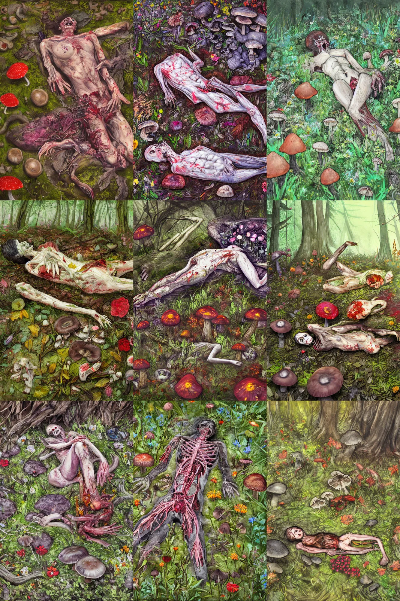 Prompt: dead body decaying on the forest floor, flowers and mushrooms cover the body, concept art, painting