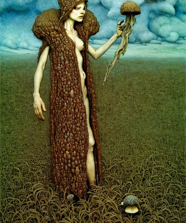 Prompt: A detailed funguswoman stands among the mushroom fields. Wearing a ripped mantle, robe. Perfect faces, extremely high details, realistic, fantasy art, solo, masterpiece, art by Zdzisław Beksiński, Arthur Rackham, Dariusz Zawadzki