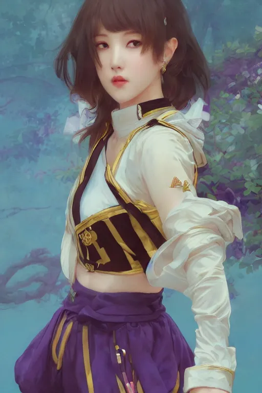 Image similar to Full View of Eunha from Viviz and gFriend with short hair wearing a purple military uniform and puffy silk shorts, white leggings, Golden Ribbon, and a billowy scarf. Rhythmic gymnastics poses. masterpiece 4k digital illustration by Ruan Jia and Mandy Jurgens and Artgerm and greg rutkowski, award winning, Artstation, art nouveau aesthetic, Alphonse Mucha background, intricate details, realistic, panoramic view, Hyperdetailed, 8k resolution, intricate art nouveau