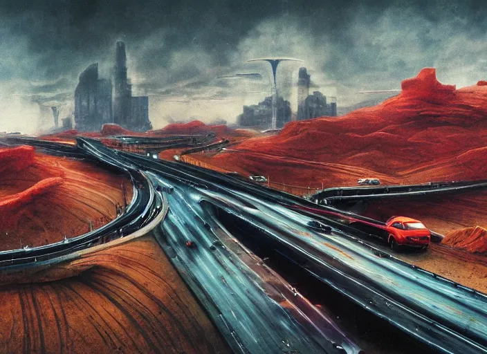 Image similar to organic cars moving fast on a huge road interchange in a desolated landscape, fluid, smooth, bright colours, high contrast, sharpness, beautiful, peaceful, very detailed, intricate, volumetric lighting, by moebius and beksinski and bosch and bacon and giger and corben