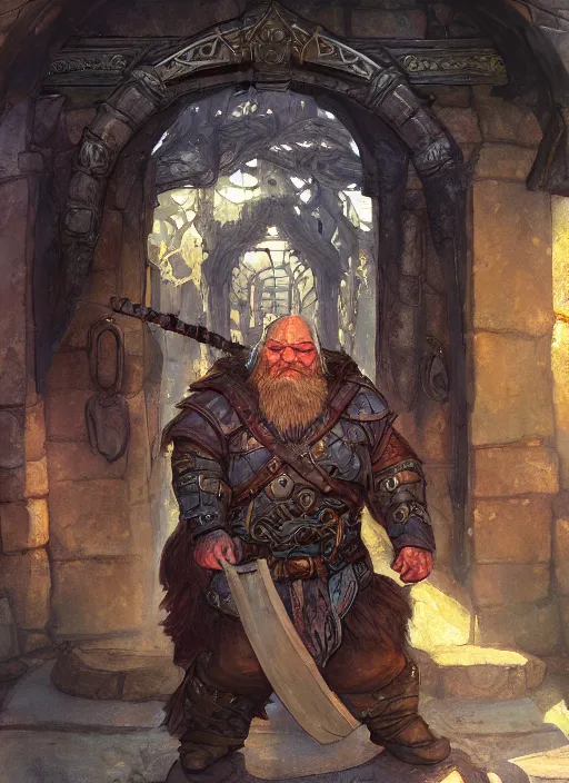 Prompt: Hulgen the dwarf. A humble dwarven stone mason completes the great gate of kings. Fantasy concept art. Moody Epic painting by James Gurney, and Alphonso Mucha. ArtstationHQ. painting with Vivid color. (Dragon age, witcher 3, lotr)